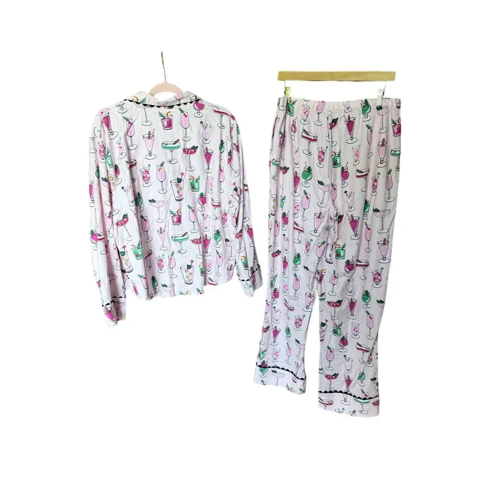 Kate spade cotton viscose flannel pajamas set martinis drinks girly XL self care